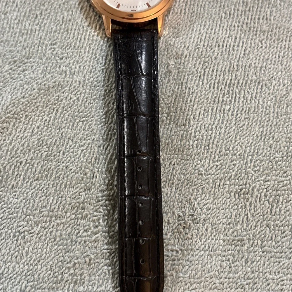 Mreurio White Dial Round Gold Tone Case Black Faux Leather Band Watch